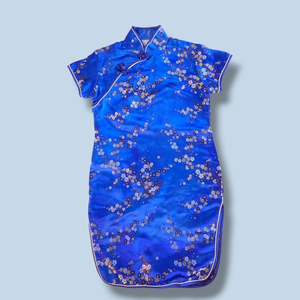 Golden Dragon Blue Floral Brocade Cheongsam Qipao Dress Girls Size 6‎